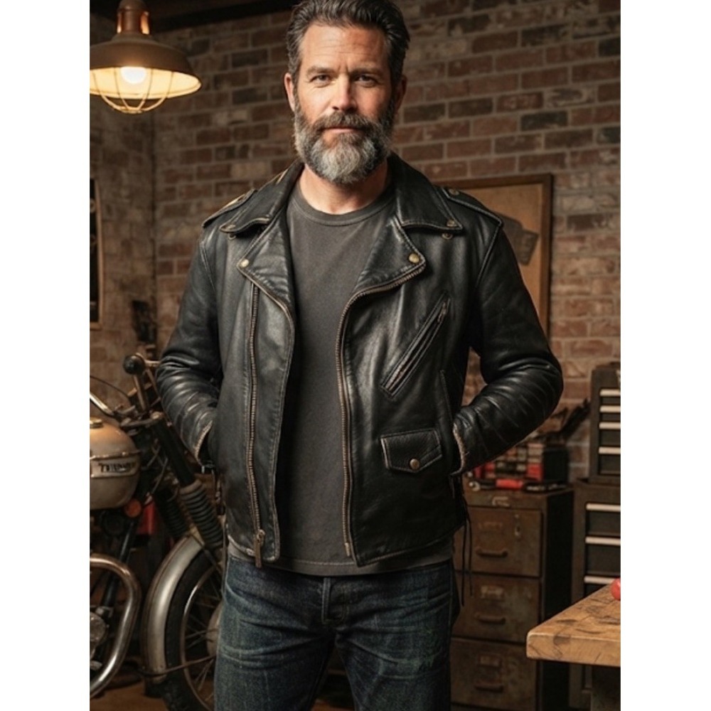 Vintage Park V Double Rider Black Leather Motorcycle Jacket USA Mens 48 XL/2XL